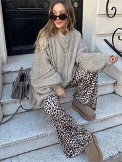 Women's Ribbed Neckline Button Cardigan - Cozy Knit Sweater with Cuffed Sleeves