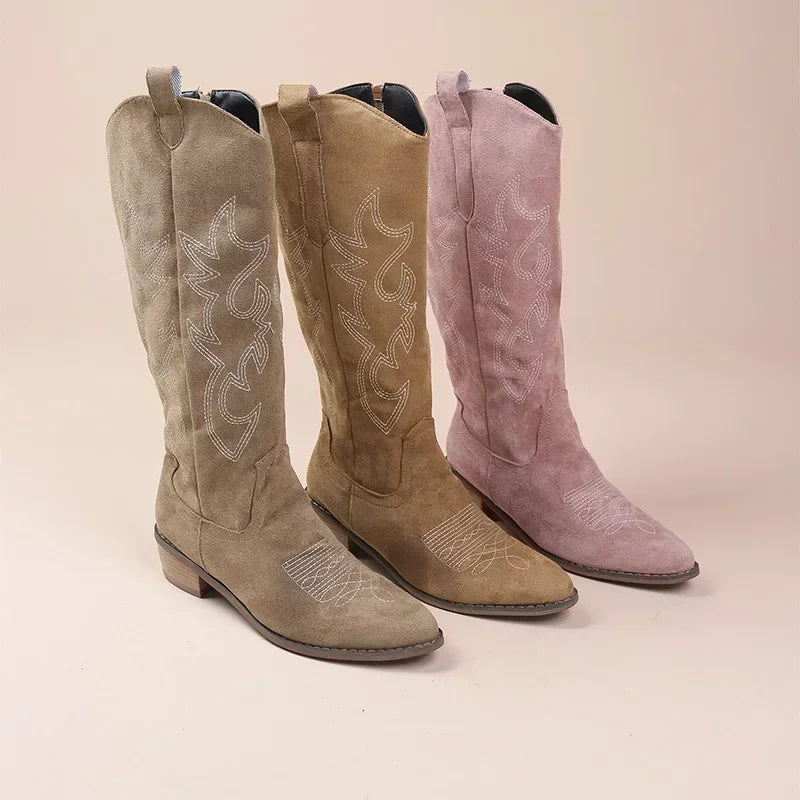 Stylish Women's Knee High Cowboy Boots with Embroidered Design & Chunky Heel - Perfect for Western Fashion