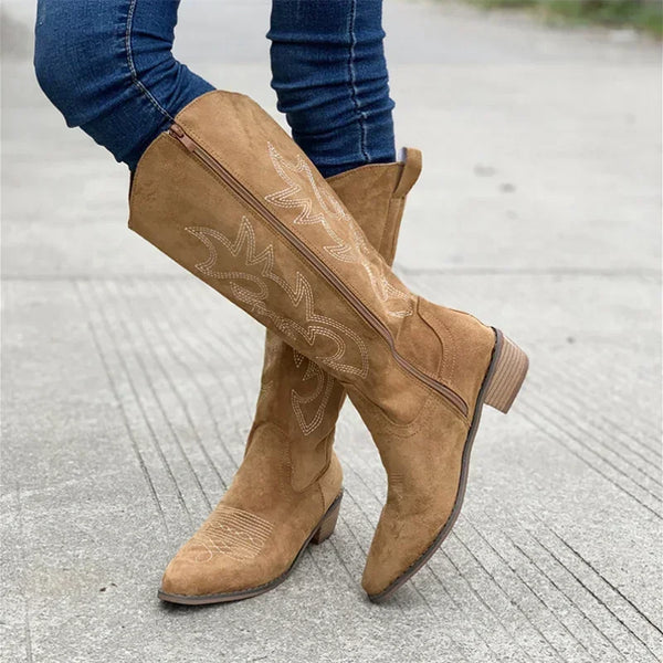 Stylish Women's Knee High Cowboy Boots with Embroidered Design & Chunky Heel - Perfect for Western Fashion