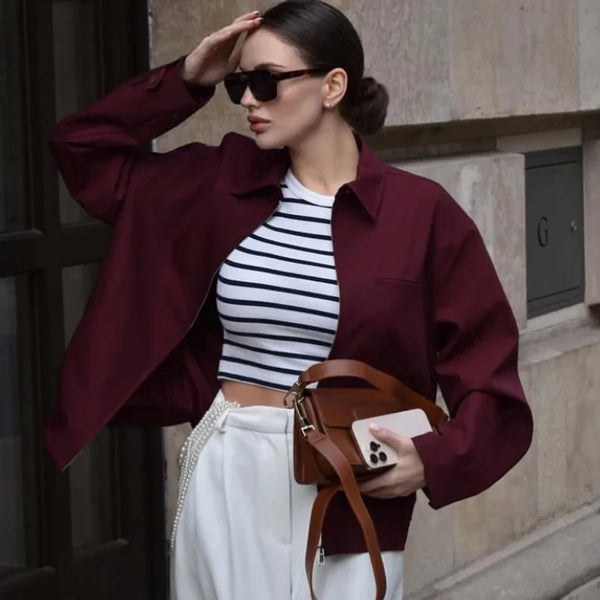 Women's Modern Tailored Cropped Bomber Jacket - Long Sleeve Stylish Outerwear