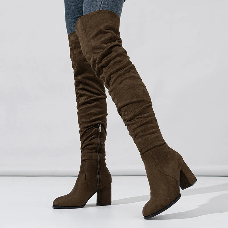 Stylish Women's Knee High Boots - Pointed Toe, Slouch Design, Block Heel - Perfect for Any Occasion
