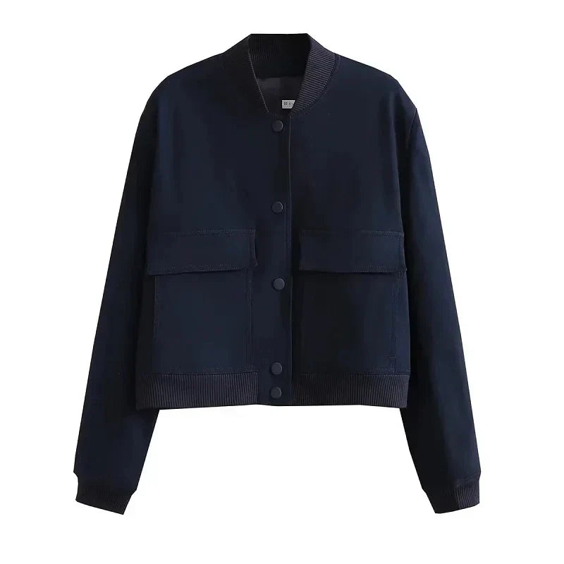 Women's Cropped Bomber Jacket with Baseball Collar & Snap Buttons - Stylish & Trendy Outerwear