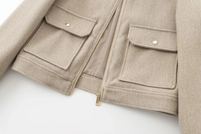 Women's Stylish Short Lapel Bomber Jacket - Zip Front & Flap Pockets - Trendy Casual Outerwear