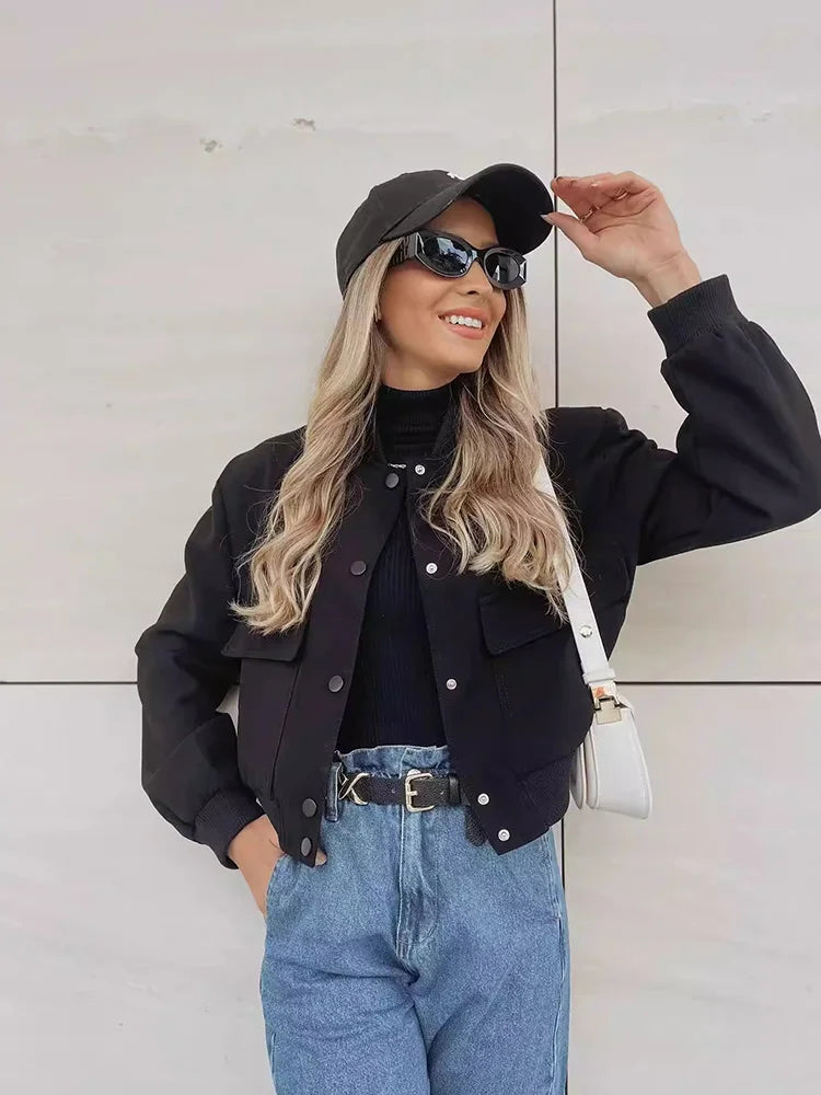 Women's Casual Bomber Jacket with Front Buttons & Flap Pockets - Stylish Lightweight Outerwear