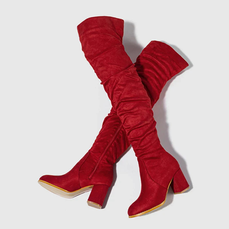 Stylish Women's Knee High Boots - Pointed Toe, Slouch Design, Block Heel - Perfect for Any Occasion