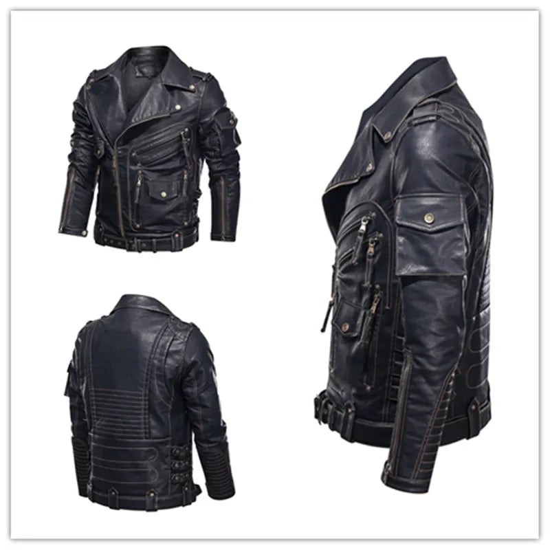 Plus Size Men's Leather Jackets Luxury Brand Winter Men's Fashion Motorcycle Leather Jacket Cool Zipper Pockets Leather Jacket