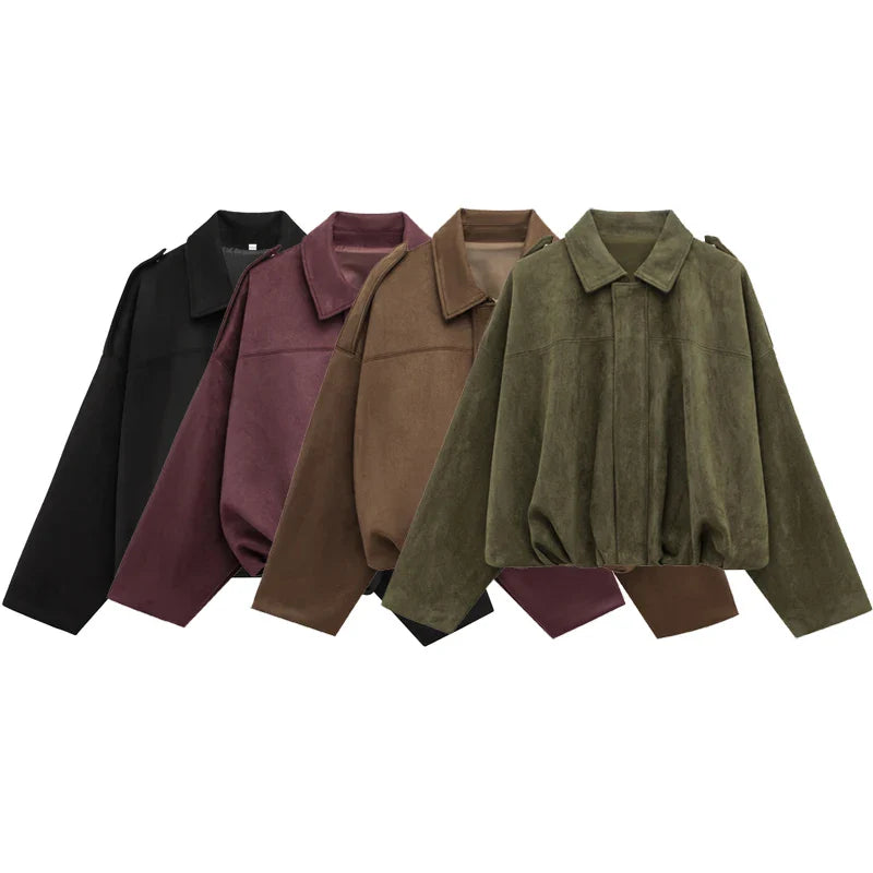 Stylish Women's Cropped Bomber Jacket with Lapel Collar & Zip Front - Trendy Outerwear for Every Season