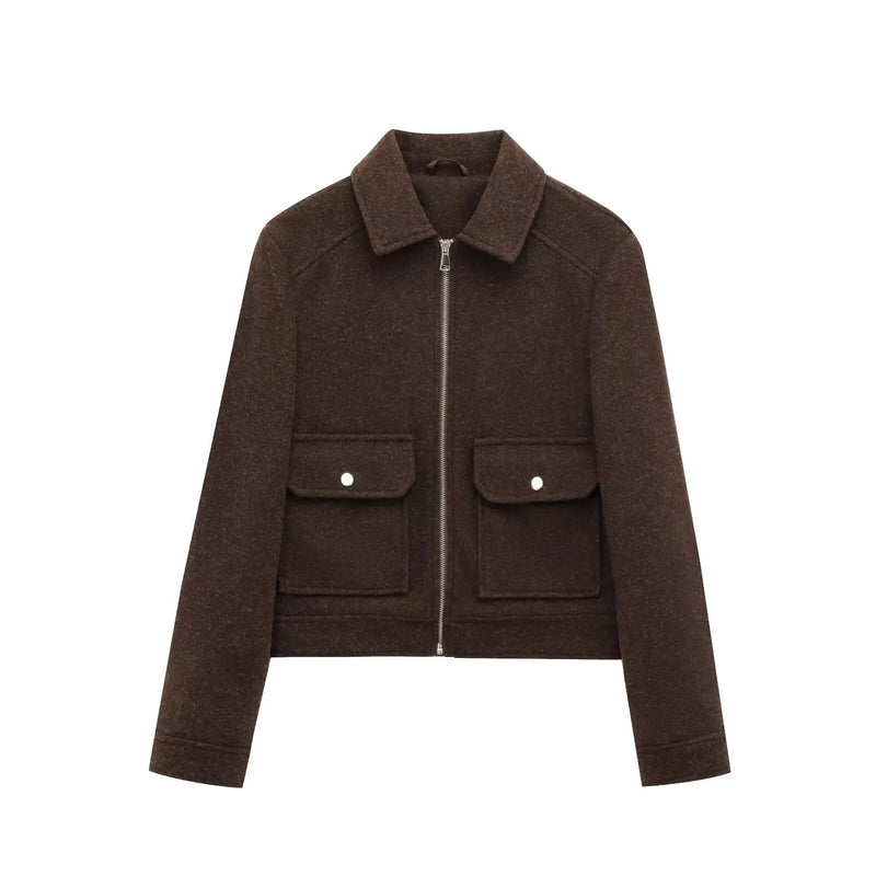Women's Stylish Short Lapel Bomber Jacket - Zip Front & Flap Pockets - Trendy Casual Outerwear