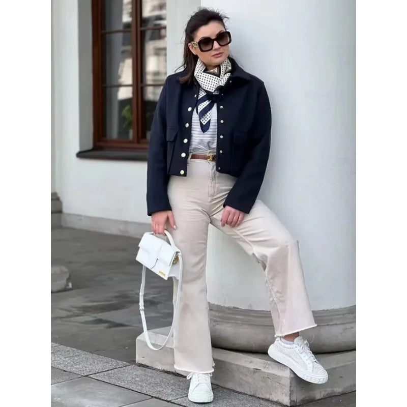Women's Cropped Aviator Bomber Jacket - Stylish Button Front & Functional Pockets