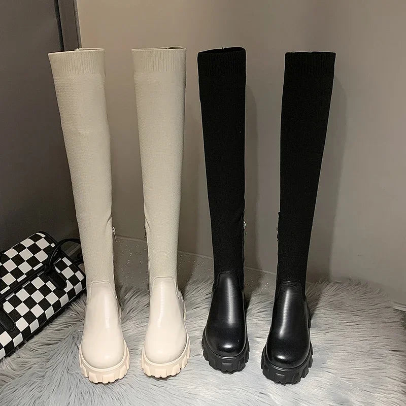 Women's Stretch Fit Knee High Boots - Chunky Lug Sole & Side Zip Closure for Comfort and Style
