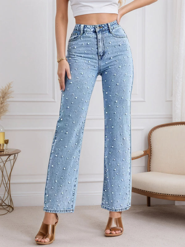 Women's Pearl Straight Jeans - Versatile Five-Pocket Design, Machine Washable, Classic Fashion for Any Occasion