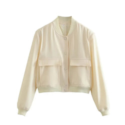 Stylish Women's Cropped Bomber Jacket with Snap Buttons & Utility Pockets - Trendy Outerwear for Casual Chic Looks