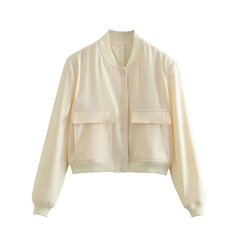 Stylish Women's Cropped Bomber Jacket with Snap Buttons & Utility Pockets - Trendy Outerwear for Casual Chic Looks