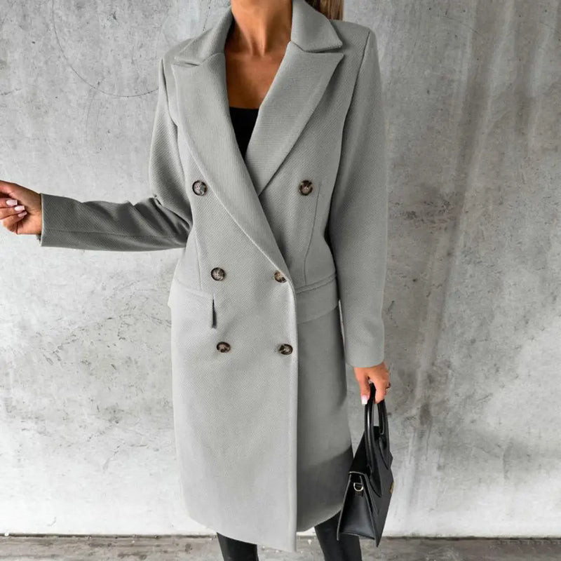 Women's Double-Breasted Long Trench Coat with Button Cuffs - Stylish & Classic Outerwear