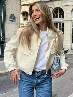Stylish Women's Cropped Bomber Jacket with Snap Buttons & Utility Pockets - Trendy Outerwear for Casual Chic Looks