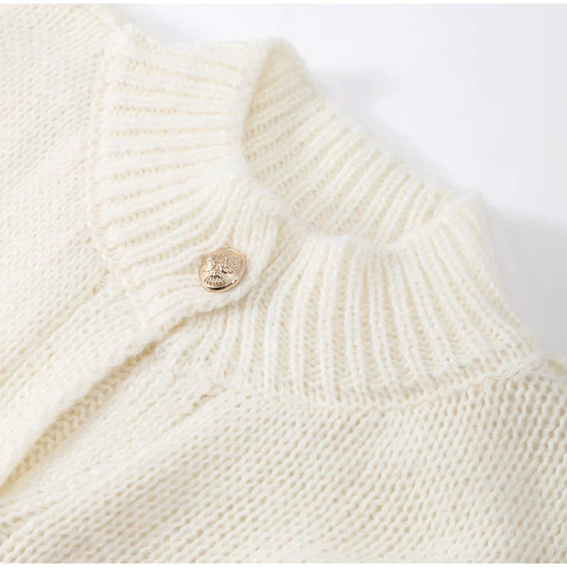 Women's Ribbed Neckline Button Cardigan - Cozy Knit Sweater with Cuffed Sleeves