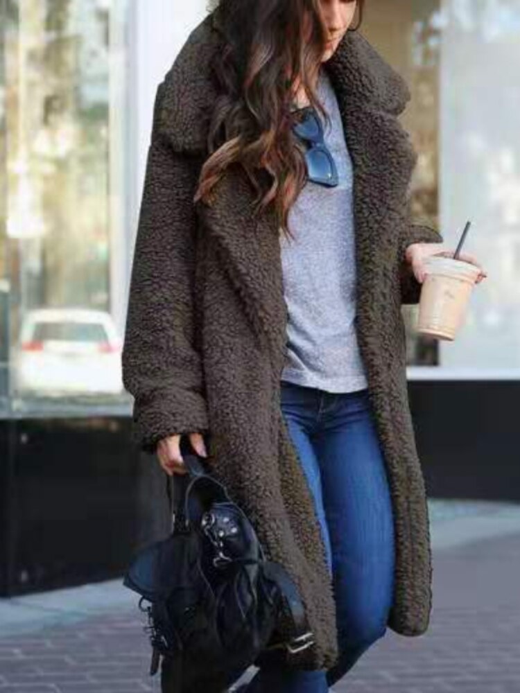 Women's Oversized Long Winter Teddy Coat with Stylish Lapel Collar - Cozy & Warm Outerwear
