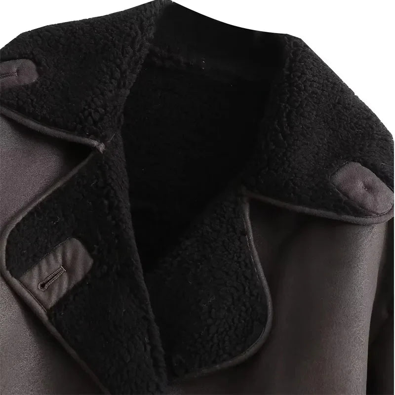 Women's Plush Lined Leather Winter Jacket with Wide Collar - Stylish & Warm Outerwear