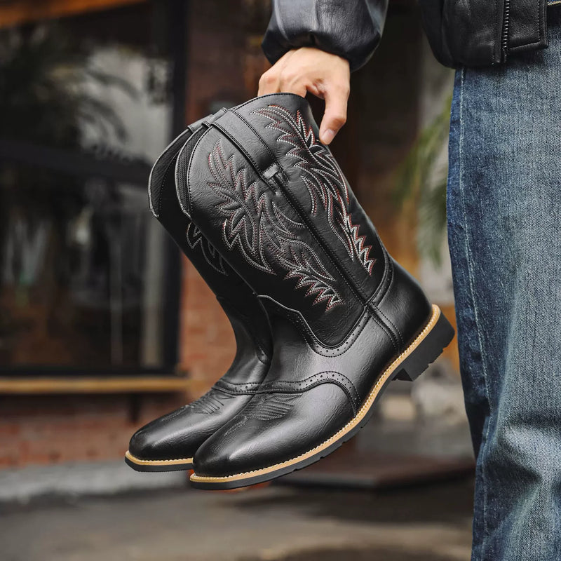 Men's Embroidered Western Cowboy Boots - Classic Mid-Calf Square Toe Design