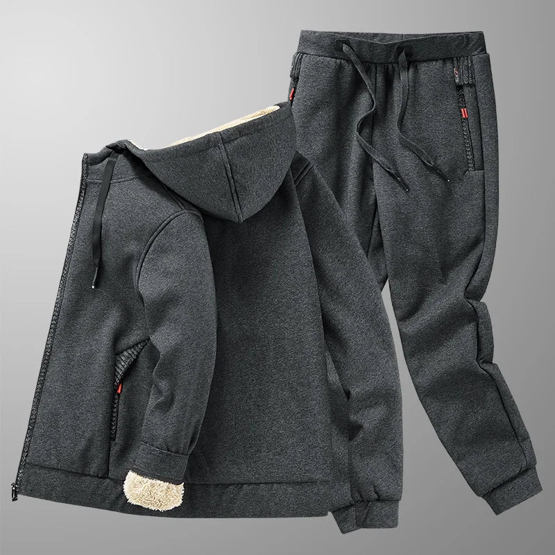 Men's Winter Tracksuit Set - Warm Fleece Hoodie & Pants, Thick Cashmere Sweatshirt, Casual Athletic Wear, Cozy Fur-Lined Jacket, Stylish Brand Activewear for Cold Weather