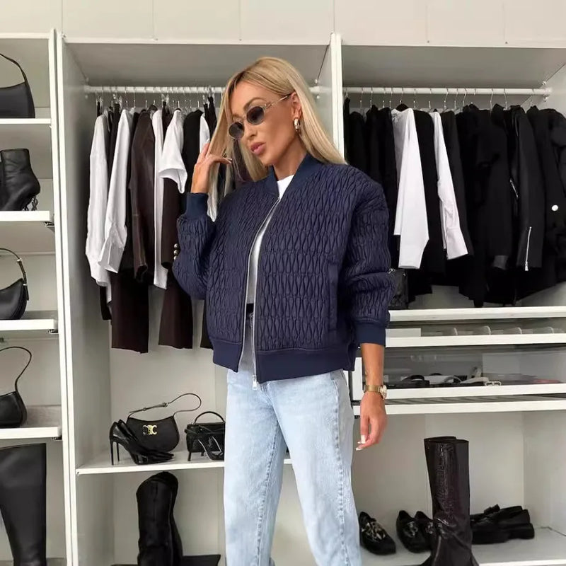 Stylish Women's Quilted Bomber Jacket - Zip Front, Ribbed Trim, Perfect for Fall Fashion