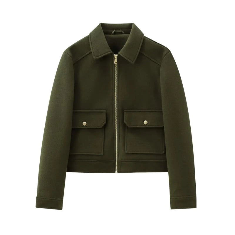 Women's Stylish Short Lapel Bomber Jacket - Zip Front & Flap Pockets - Trendy Casual Outerwear