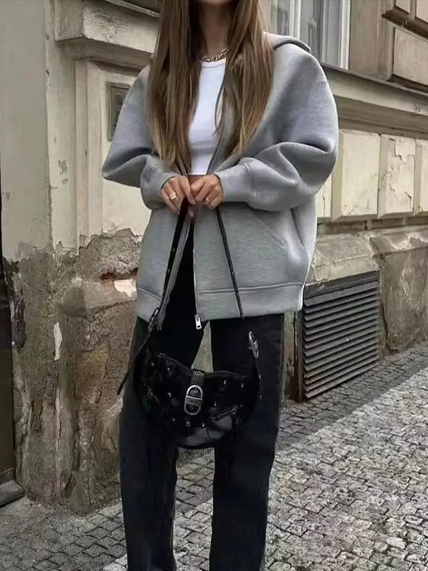 Women's Oversized Zip-Up Hoodie with Drawstring Hood & Pockets - Cozy Casual Wear