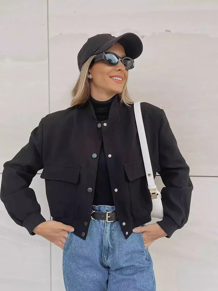 Women's Casual Bomber Jacket with Front Buttons & Flap Pockets - Stylish Lightweight Outerwear