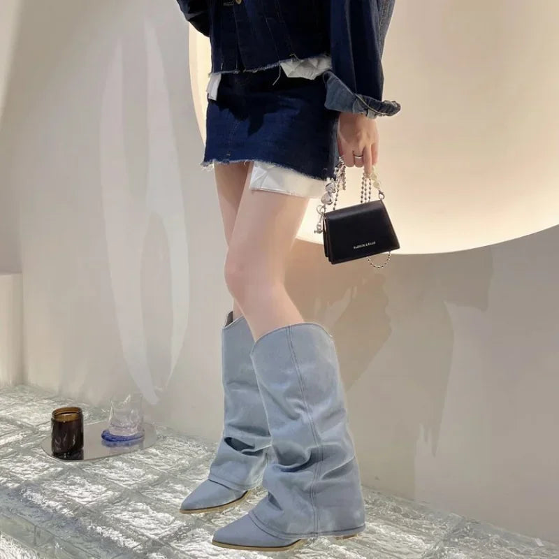 Stylish Women's Knee High Pleated Western Boots - Pointed Toe Heeled Design