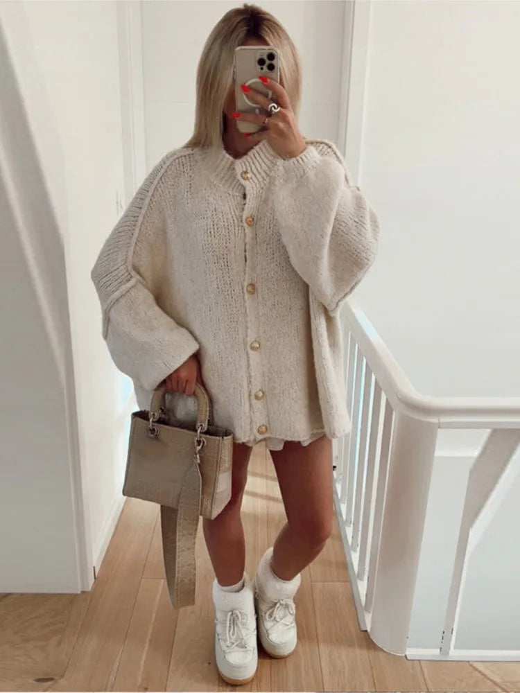 Women's Ribbed Neckline Button Cardigan - Cozy Knit Sweater with Cuffed Sleeves