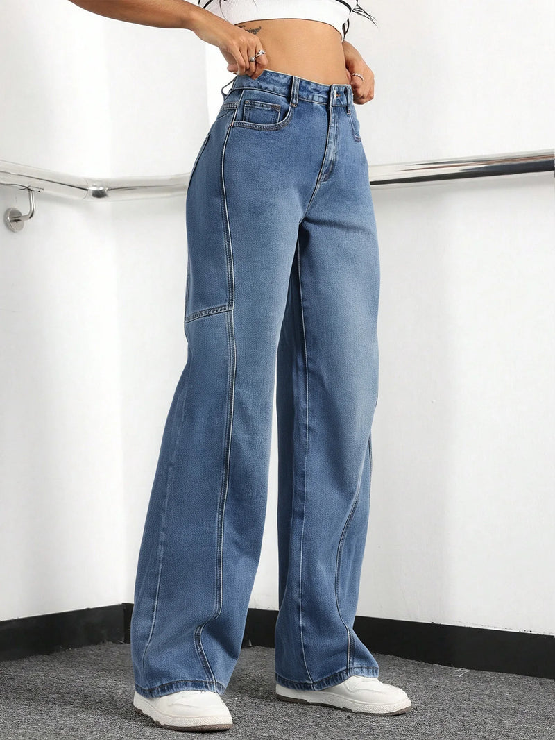 Women's High-Waisted Wide Leg Cargo Jeans | Stylish Baggy Denim Workwear Pants for Comfort & Versatility