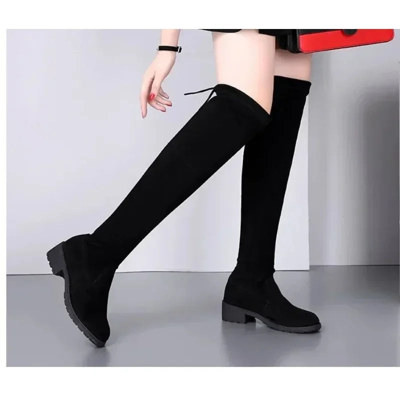 Stylish Women's Black Over-the-Knee Lace-Up Boots with Chunky High Heels – Trendy Footwear for Any Occasion