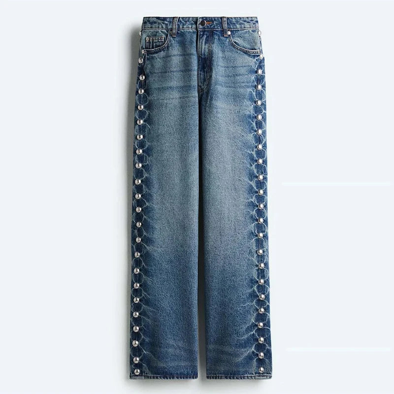 Women's High Waist White Denim Jeans with Floral Hollow Out - Loose Fit Summer & Autumn Streetwear Trousers 2025