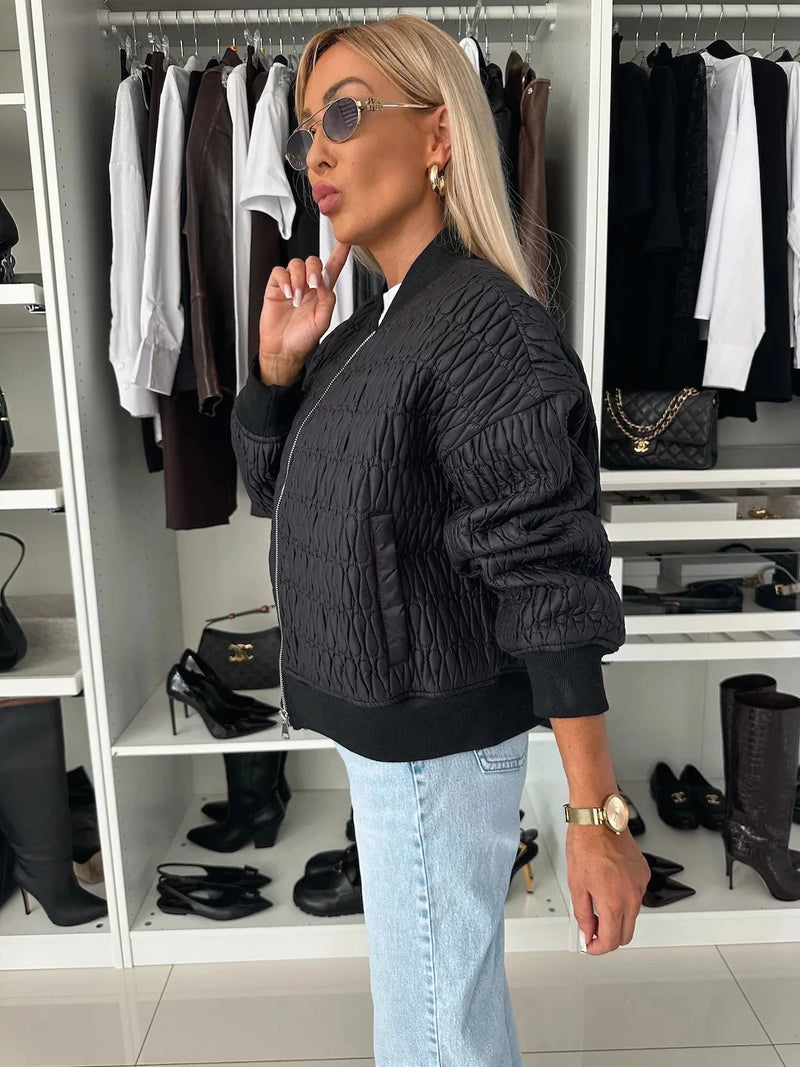 Stylish Women's Quilted Bomber Jacket - Zip Front, Ribbed Trim, Perfect for Fall Fashion