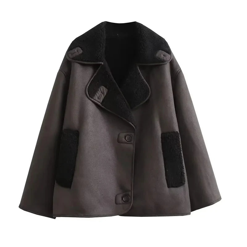 Women's Plush Lined Leather Winter Jacket with Wide Collar - Stylish & Warm Outerwear