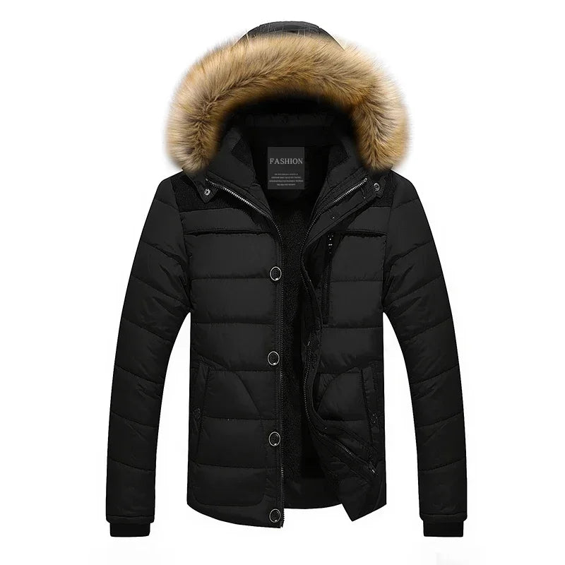 Men's Thick Fur Collar Hooded Parka - Warm Down Jacket with Wool Liner for Winter - Stylish & Cozy Outerwear
