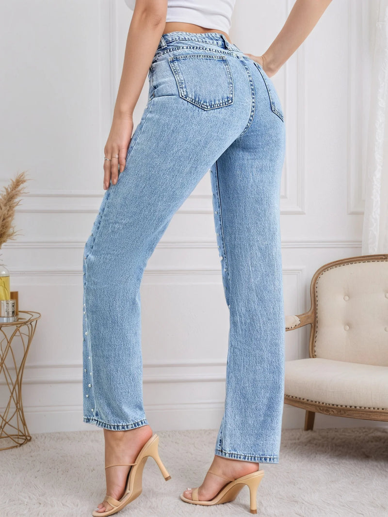 Women's Pearl Straight Jeans - Versatile Five-Pocket Design, Machine Washable, Classic Fashion for Any Occasion