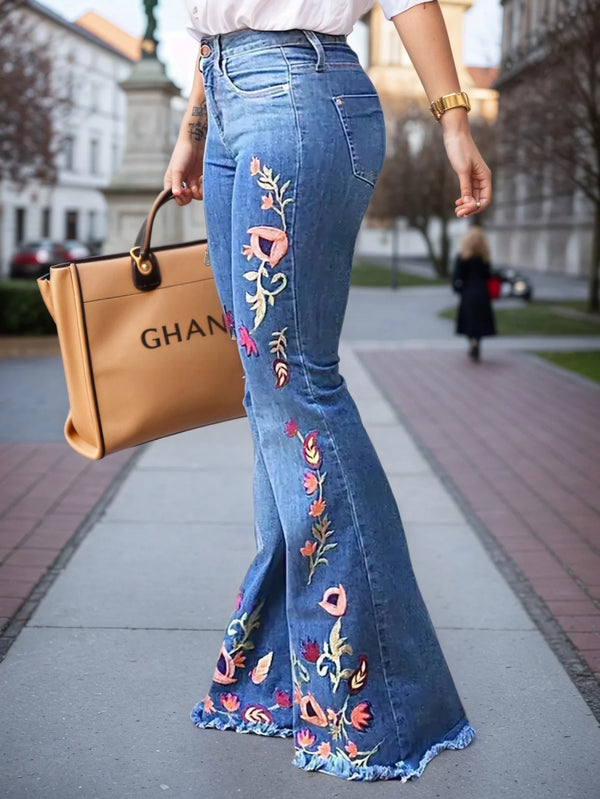 Women's High-Waisted Floral Print Slim Fit Denim Flare Pants - Vintage Wash with Raw Edge Hem - Stylish Stretchy Jeans for a Trendy Look