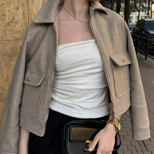 Women's Stylish Short Lapel Bomber Jacket - Zip Front & Flap Pockets - Trendy Casual Outerwear