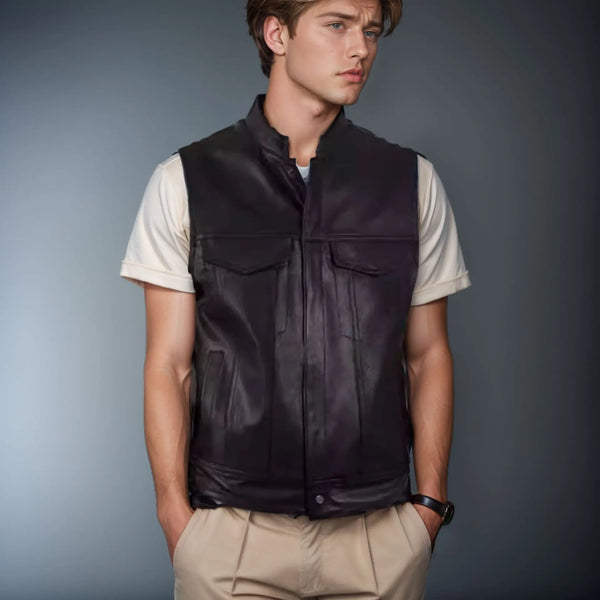 Men's Plus Size  Leather Vest - Zipper Stand Collar Soft Genuine Leather