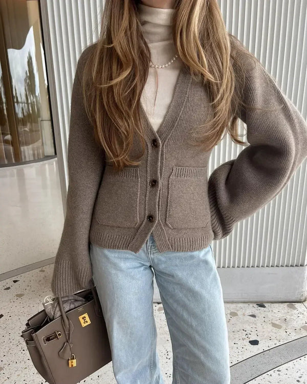 Women's V-Neck Button-Up Cardigan with Ribbed Hem & Functional Patch Pockets - Cozy Knit Sweater for Fall/Winter Fashion