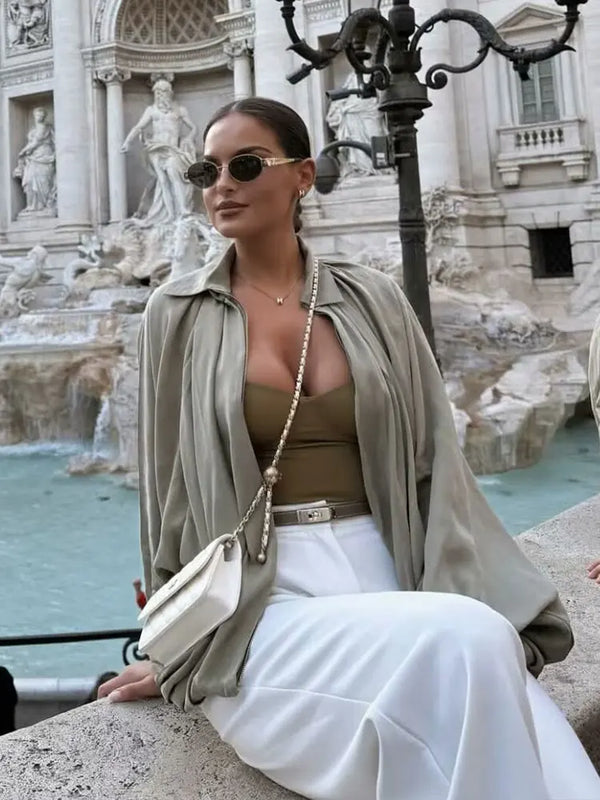 Women's Loose Fit Bomber Jacket - Long Puff Sleeves, Zip Front Closure, Stylish Casual Outerwear
