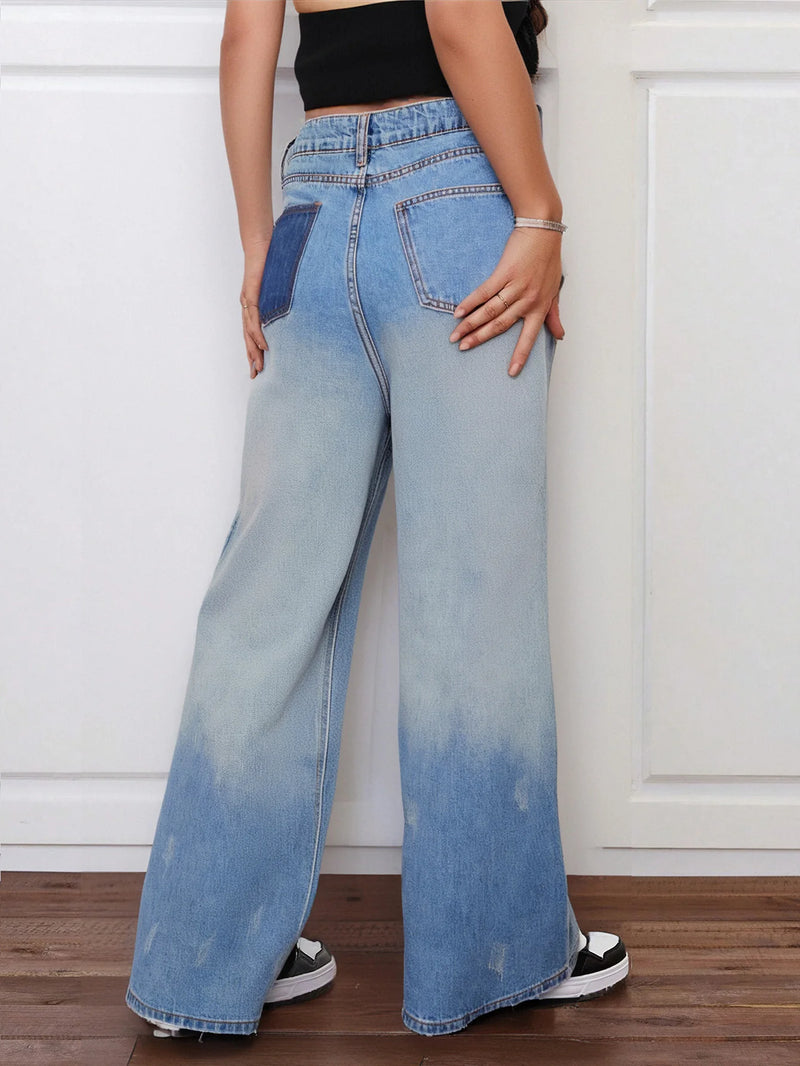 Women's Loose Fit Straight Jeans with Color Block Design | Casual Back Pockets & Slash Pockets | Machine Washable Denim