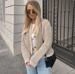 Women's Cozy Teddy Fleece Jacket - Button Front, Soft Texture, Casual Style