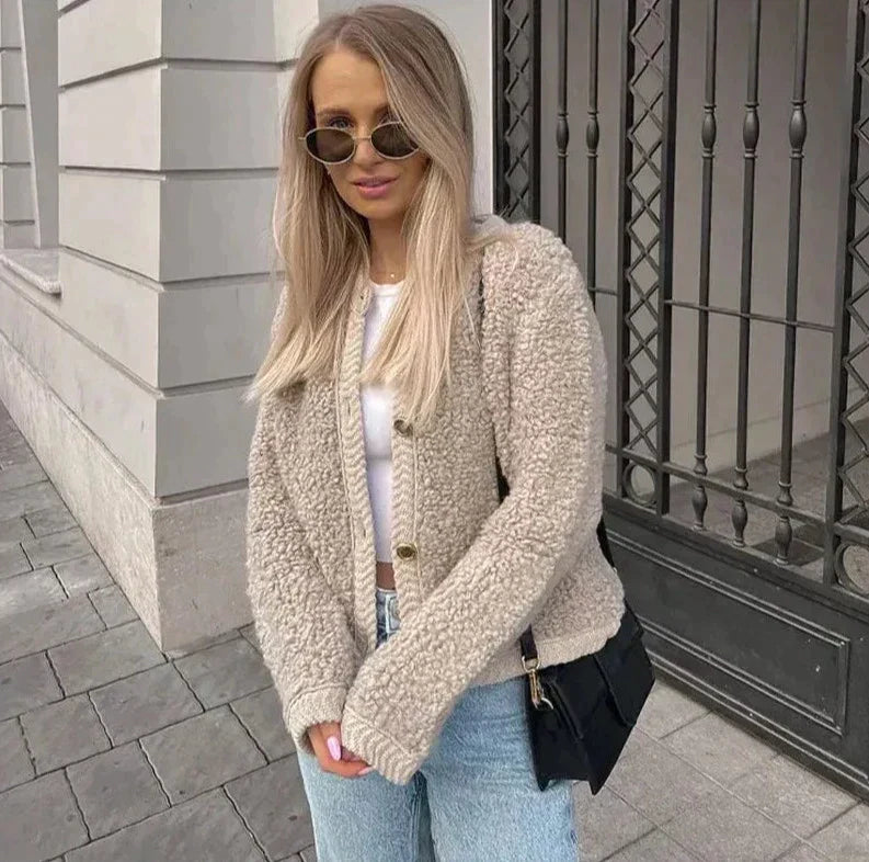 Women's Cozy Teddy Fleece Jacket - Button Front, Soft Texture, Casual Style
