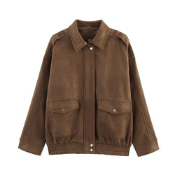 Trendy Women's Streetwear Bomber Jacket with Snap Buttons & Flap Pockets - Stylish Urban Outerwear