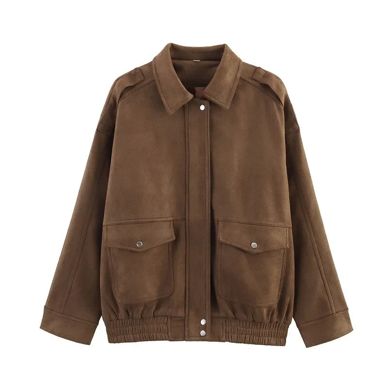 Trendy Women's Streetwear Bomber Jacket with Snap Buttons & Flap Pockets - Stylish Urban Outerwear