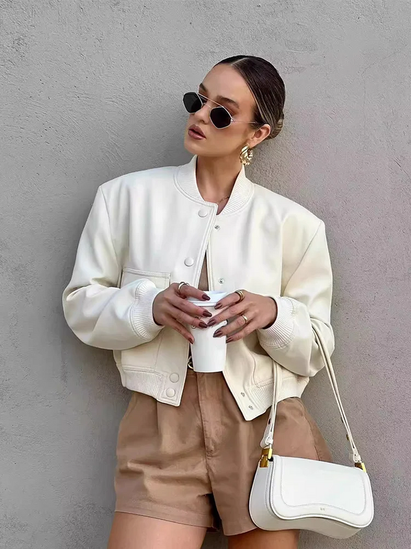 Women's Casual Bomber Jacket with Front Buttons & Flap Pockets - Stylish Lightweight Outerwear