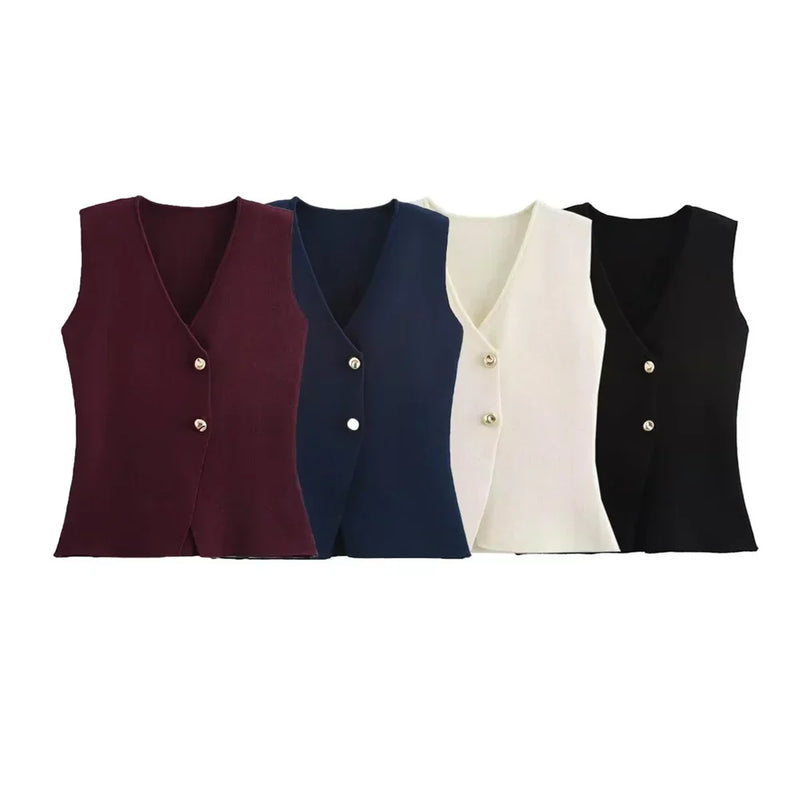 Women's Sleeveless Knitted Vest Top - Button-Front Design for Stylish Layering