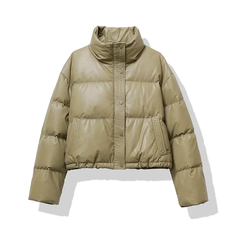 Women's Short Quilted Puffer Jacket with Mock Neck - Stylish & Warm Winter Outerwear